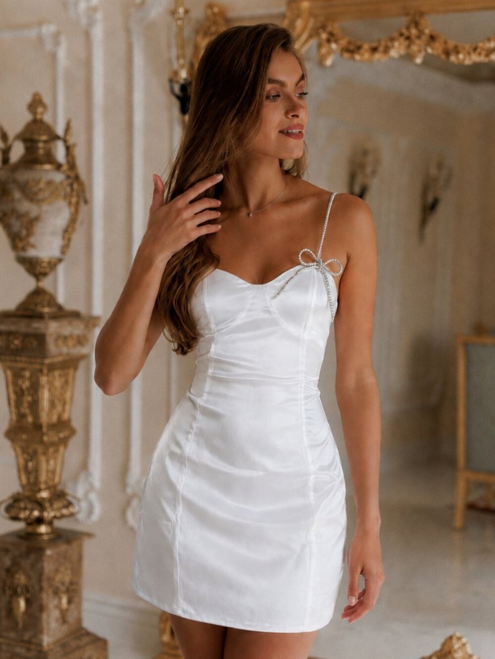 Collective The Label Satin Rhinestone Bow Mini Dress NWT White Size Large - Picture 2 of 7